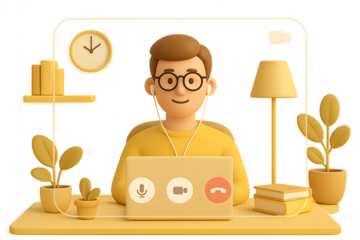 A smiling man with glasses is on a video call on his laptop, in a remote work setting, a telecommuting and online meeting concept