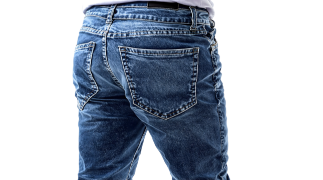 Close-up of a man's denim jeans showing the back pocket detail and stitching