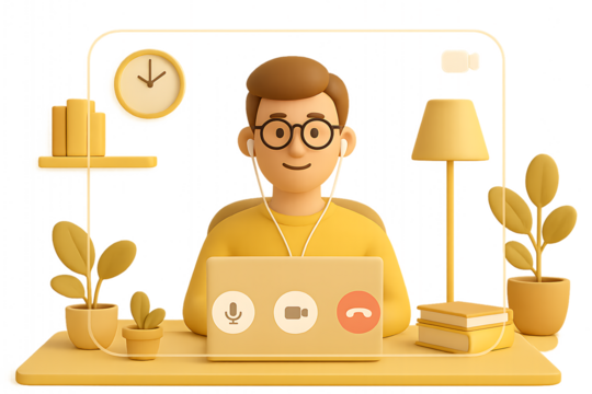 A smiling man with glasses is on a video call on his laptop, in a remote work setting, a telecommuting and online meeting concept