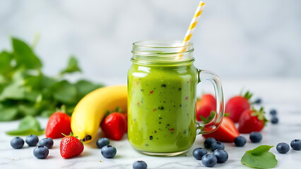 Vibrant green smoothie in mason jar with fruit, refreshing health drink concept