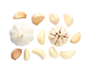 Top-Down View of Garlic Head and Peeled Cloves, Flat Lay, Transparent PNG