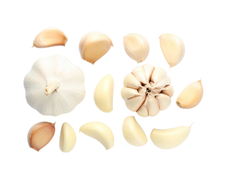 Top-Down View of Garlic Head and Peeled Cloves, Flat Lay, Transparent PNG