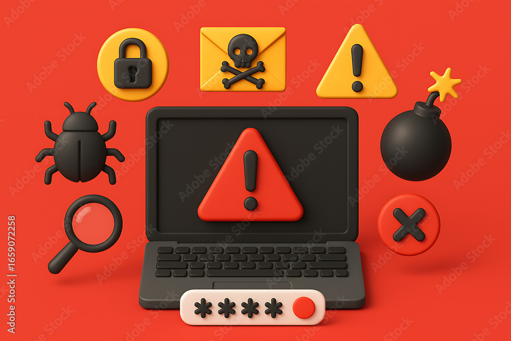 Poster illustration of a laptop with a red warning symbol on the screen, surrounded by common internet secu
