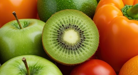 Macro View of a Sliced Kiwi Starburst Amidst a Vibrant Medley of Fresh Produce.