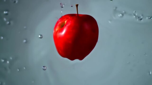 Red apple falling into water with bubbles