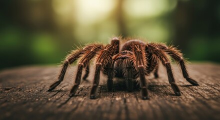 Majestic Hairy Tarantula Bathed in Warm Light, a Low-Angle Macro on Textured Wood.