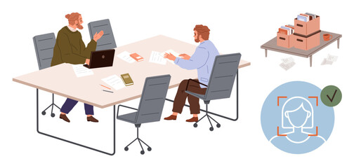 Two colleagues work at a table with laptops, books, and papers. Nearby, a table holds file boxes. A facial recognition icon highlights identity and security. Ideal for teamwork, office, technology