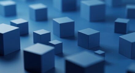 Minimalist Blue Geometric Landscape of Cubes with Shallow Depth of Field