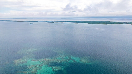 Stunning aerial view of the Rosario Islands near Cartagena, Colombia, showcasing vibrant blue...
