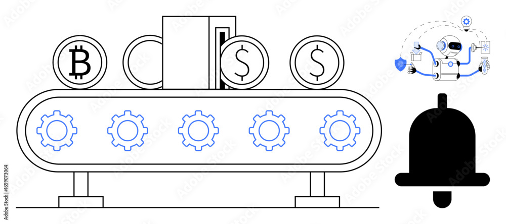 Poster conveyor belt moving bitcoin and dollar coins over gears, symbolizing automation. includes ai-enable