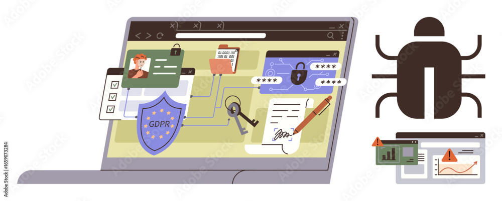 Poster laptop with interconnected gdpr shield, user profiles, contracts, encrypted locks, and malware alert