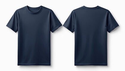 Navy blue crew neck t-shirt mockup front, back views. Classic simple dark blue short sleeve shirt displayed on white background. Smooth fabric texture, ideal template for print design customization,