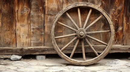 An old wooden wheel with a wooden door in the background.