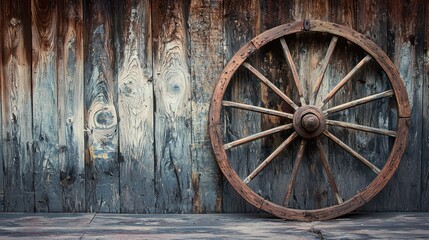 An old wooden wagon wheel leaning against a weathered wooden wall.