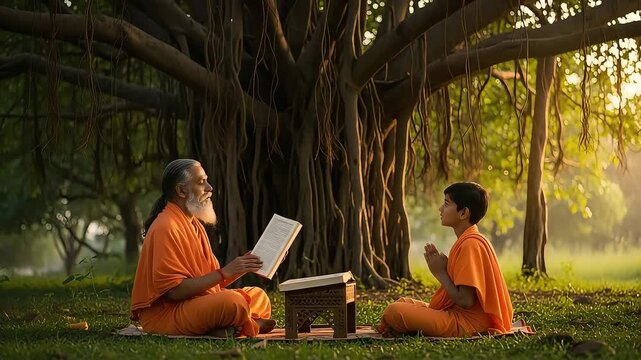 Elderly Indian Guru Teaches Young Disciple Ancient Wisdom Under a Sacred Banyan Tree at Sunrise, Happy National Teachers Day Concept