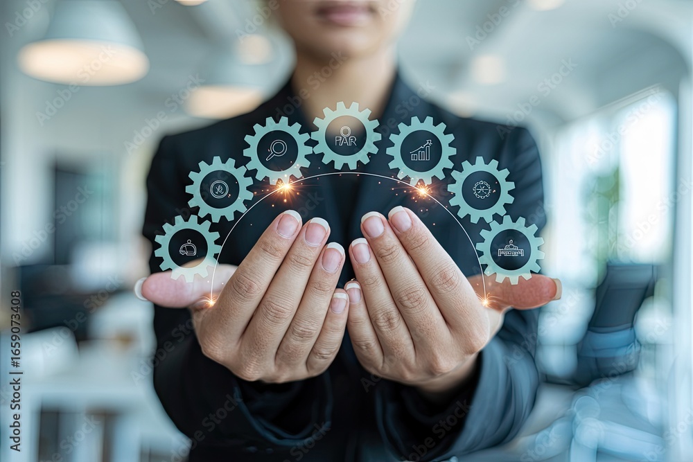Poster business professional holding interconnected digital gears symbolizing teamwork innovation and effic