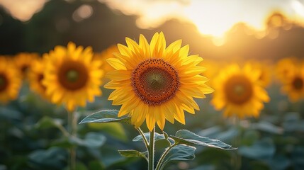 Fototapeta premium Sunflowers in a field at sunset