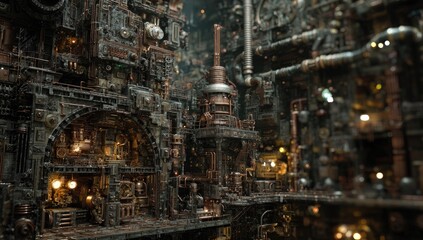 Intricate steampunk-style city, dense with machinery and glowing lights