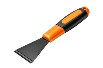 Close-up of a utility scraper with an orange and black handle.  The scraper blade is dark gray/black.  A tool for various tasks