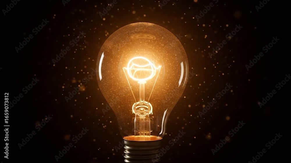 Poster glowing filament: a lightbulb illuminating innovation with sparkling particles on black background