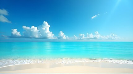 Breathtaking turquoise ocean waves gently lap pristine white sand under a vast, clear blue sky with fluffy clouds.