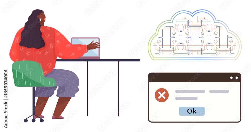 Poster woman working on laptop at desk, cloud with digital circuits symbolizing networks, and browser error