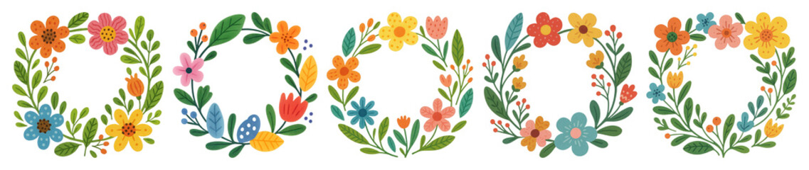 PNG Colorful floral wreaths digital illustration, element set on transparent background