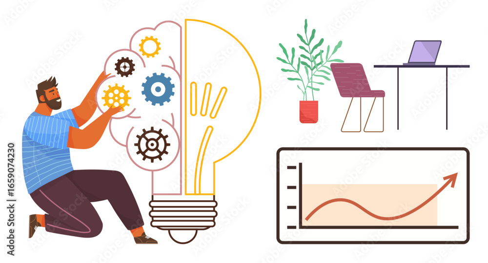 Poster man assembling gears inside a glowing light bulb representing innovation, next to an organized works