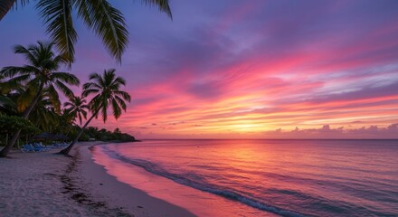 Fototapeta premium Radiant Magenta and Purple Sunset Over a Tranquil Palm-Fringed Caribbean Beach
