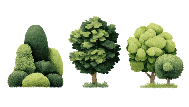 Three stylized trees in a landscape, various shapes and shades of green