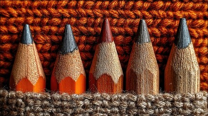 Close-up of five sharpened pencils in a knitted fabric holder