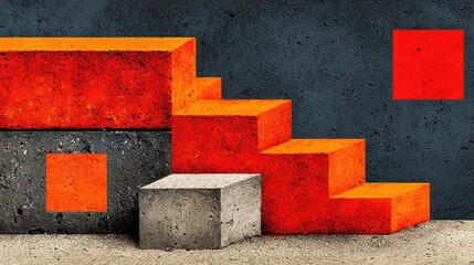 Abstract composition of gray and orange cubes against a textured background