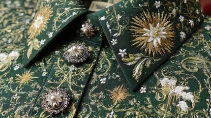 Dark-green garment with gold embroidery, floral and star patterns, detailed collar, ornate buttons