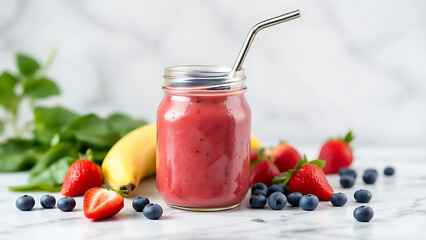 Refreshing berry smoothie in mason jar with fresh fruit, perfect for healthy lifestyle