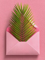 Pink envelope with a tropical leaf inside, on pink background
