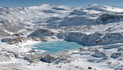Turquoise alpine lake nestled in snowy mountains