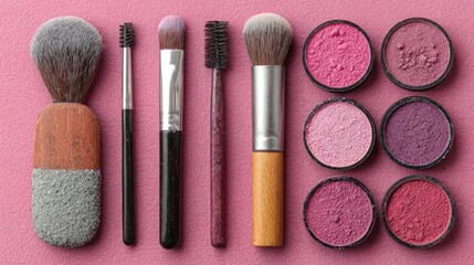 Makeup brushes and eyeshadow palettes arranged on a pink background