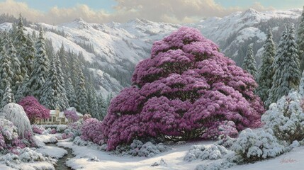 Snow-dusted valley with flowering rhododendron