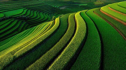 Lush green rice terraces cascade down a hillside, bathed in sunlight