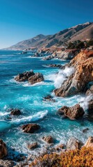 Vibrant turquoise ocean waves crash against rugged coastline rocks under a clear blue sky