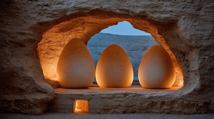 Three large eggs rest in a stone alcove, lit from behind, creating a mystical scene