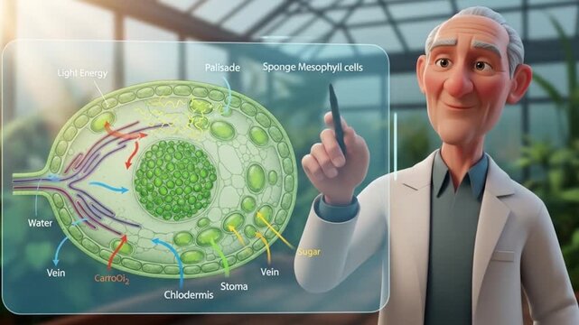 Animated Science: Cartoon Professor Explains Plant Cell Structure in Greenhouse Setting