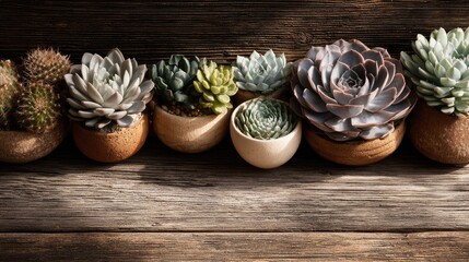 Succulents in small pots arranged on rustic wood