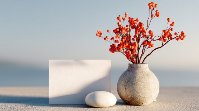 Minimalist white card with orange berries in textured vase and smooth stone, coastal-themed decor for wellness brands and artistic event invitations

