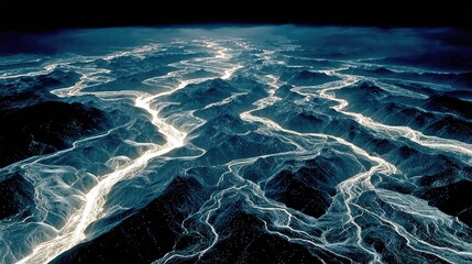 Aerial view of a river snaking through dark mountains