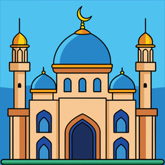 Iconic vector illustration of an Islamic mosque with a dome and minaret, symbolizing Islamic architecture.