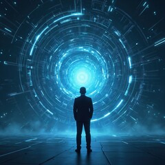 Silhouette of businessman facing a glowing blue digital vortex of information and future technology. Represents innovation, data networks, and strategic business decisions in a high-tech world.