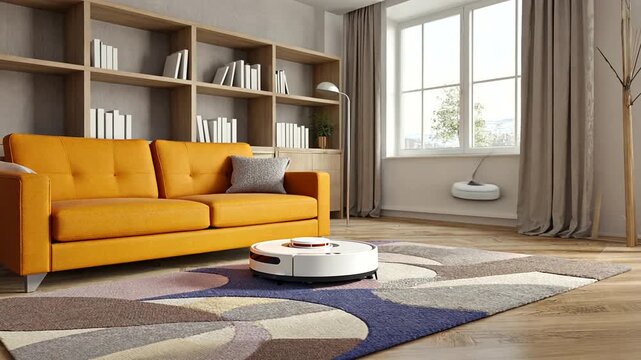 Modern living room with an orange sofa and robotic vacuum cleaner on a patterned rug
