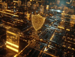 Abstract holographic cyber security center with golden firewall interface and data packets flowing in deep perspective cyberspace as light pulses, showing global network security digital protection