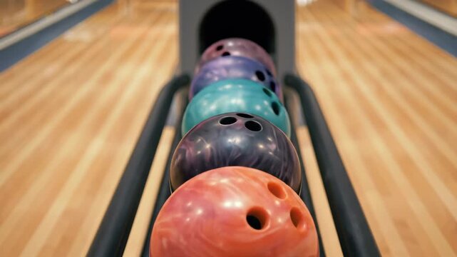 Bowling balls lined up in a bowling alley ready for a game.